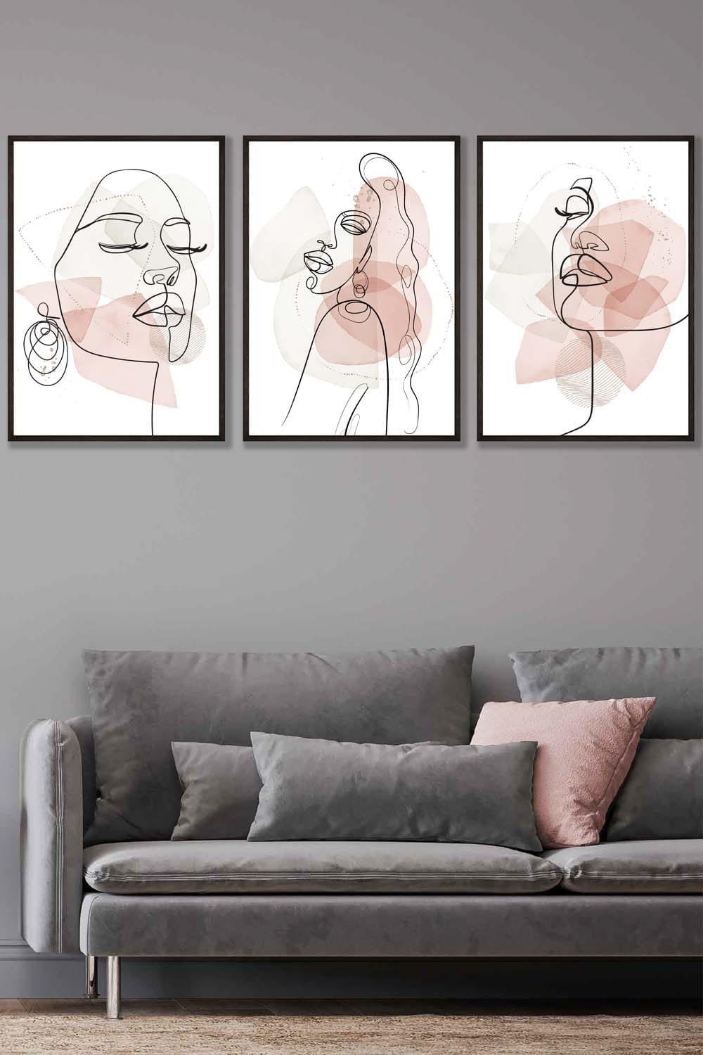 Set of 3 Black Framed One Line Abstract Fashion Faces in Pink and Ivory Wall Art